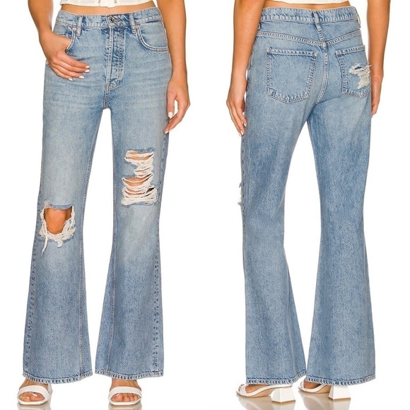 Free People Denim - Free People We the Free Womens New Dawn Flare Jeans Sz 27 Blue Distressed Denim